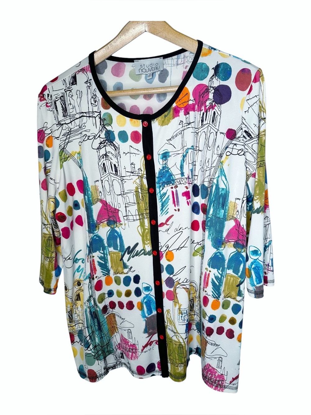 Studio Nouveau Size 2X Stretchy Button Up Tunic Art To Wear European Cityscape